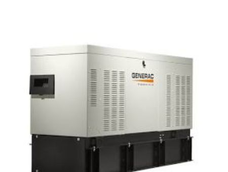 Stationary Generac backup power generator mounted on a black base, used for emergency power supply.
