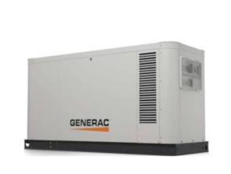 White Generac standby generator mounted on a black base, with vent slots on the side.