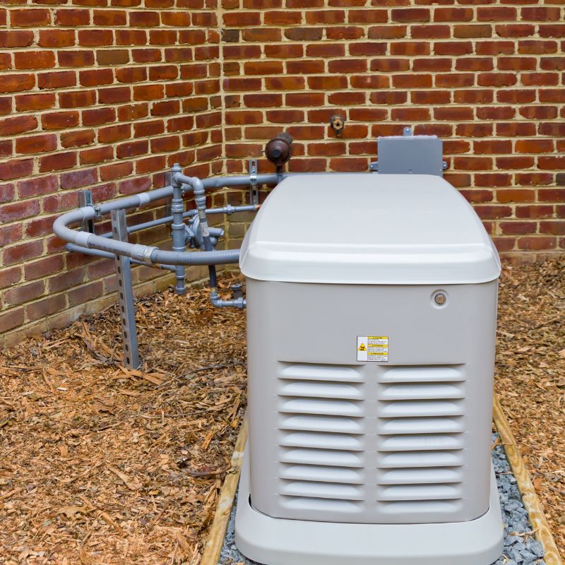 Outdoor HVAC condenser unit with vented front panel beside a brick wall, with connected pipes and fittings nearby.