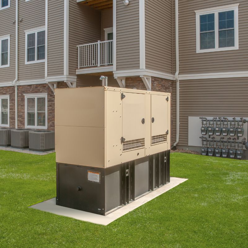 Residential standby generator on a concrete pad beside an apartment building, beige and black metal enclosure with vents.